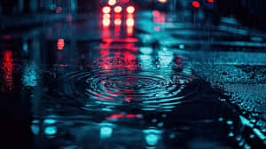 雨滴在濕瀝青上形成漣漪，夜間反射紅色車燈。