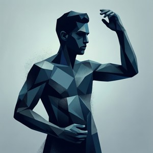 一個藍調的風格化幾何男人，灰塵粒子在他周圍旋轉。 — Pixel Watch 壁紙