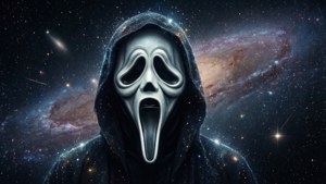 太空中的一個戴面具人物，背後有星系