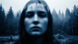 一個女人面孔疊加在藍色調的霧氣森林上。