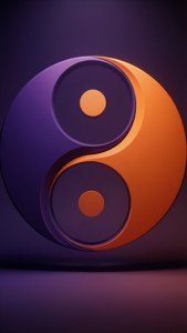 一個在深色背景上發光的3D陰陽符號，紫色和橙色。
