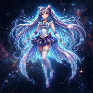 動漫女孩頭髮發光，在星光銀河中漂浮，穿著宇宙主題服裝。