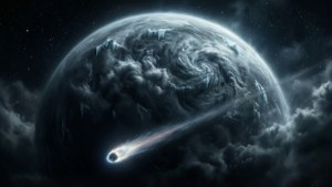 一顆彗星飛過一個巨大的冰行星，背景有旋轉的雲和星星。