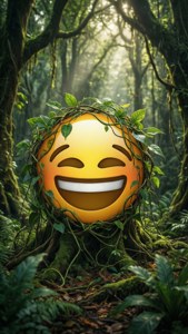 一個被藤蔓覆蓋嘅笑臉表情符號喺陽光明媚嘅森林中。