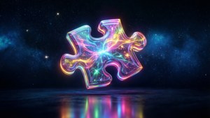 一塊發光的拼圖碎片漂浮在太空中，帶有星空背景和彩色倒影。