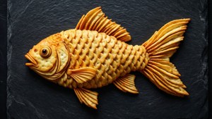 用餅乾製成的金色魚，放在深色石板背景上。