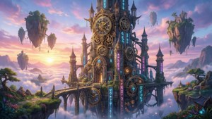 日落時分，幻想天空中漂浮的發條城堡，帶有發光符文和浮島。