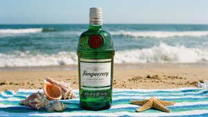 Tanqueray氈酒樽喺沙灘毛巾上，有貝殼同海星，近海浪。