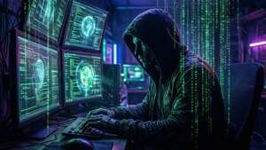 黑客在黑暗的房間裡，被發光的電腦屏幕和數字代碼包圍。