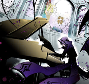 一個戴兜帽的人彈鋼琴，玻璃碎裂，一名金髮女子從破窗中出現。 — 鋼琴 GIF 壁紙