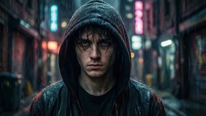 一個濕透嘅戴兜帽男人喺落雨嘅霓虹小巷中直視觀眾。