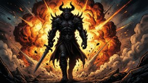 一個有角和盔甲的惡魔戰士站在火焰爆炸中，手持劍。