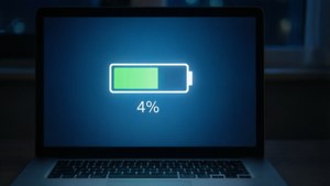手提電腦顯示剩餘4%電量，帶有綠色指示燈。