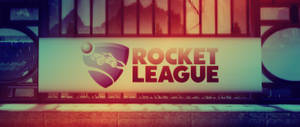 現代建築上的Rocket League遊戲橫幅，帶有日落反射。