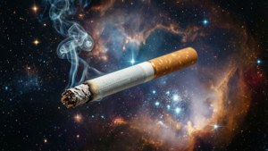 一支燃燒的香煙在色彩繽紛、佈滿星星的星雲中漂流。