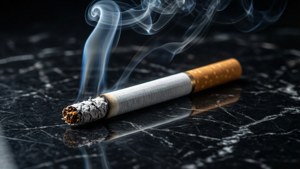 黑色大理石表面上一支燃燒的香煙，煙霧升起。