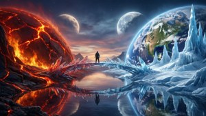 一個人在暮色天空下，走過熔岩行星和冰行星之間的橋樑。