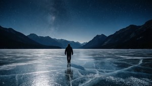 一個人在星空下的夜晚獨自走在結冰的湖面上，遠處有山巒
