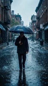 男人在雨中撐傘走在濕漉漉的城市街道上