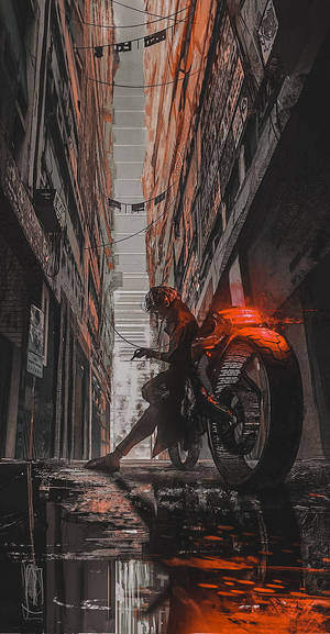 一個騎士在夜間下雨的城市小巷中騎著發光的電單車。