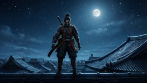 武士在屋頂上，滿月與星空下