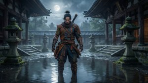 武士戰士在滿月下站在雨中，身處古老的日本寺廟庭院。