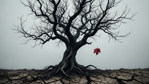 一棵光禿的樹，龜裂的土地上有一片紅葉，天空灰濛