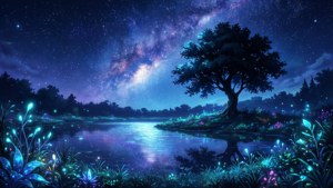 一條發光的河流過一棵孤獨的樹，星空下有一條充滿活力的銀河。