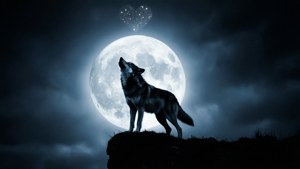 狼對著滿月嚎叫，上方有愛心形狀星座