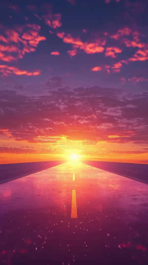 濕路上的日落，充滿活力的橙色和紫色天空及雲彩倒影