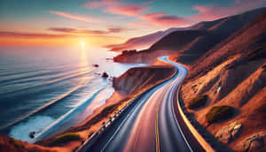 日落時蜿蜒的沿海公路，海浪和懸崖