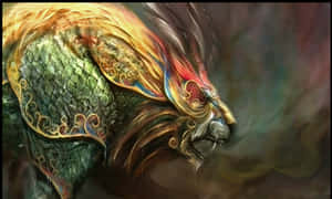 一條兇猛的龍，身披華麗的綠色鎧甲，鬃毛如火，在黑暗煙霧的場景中咆哮。