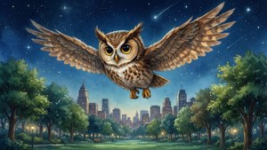 一隻貓頭鷹在星空下夜間飛過城市公園。