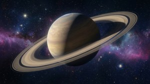 土星光環在色彩繽紛的星空場景中閃耀。
