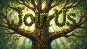 樹枝形狀像耶穌這個詞，由森林中的樹葉組成。