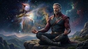 一個穿著盔甲的男人在色彩繽紛的星雲天空下，在山上冥想。