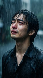 一個在雨中哭泣的男人，頭髮濕透，表情悲傷。