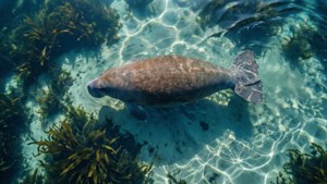 海牛喺清澈嘅淺水入面游水，陽光穿透過水面。