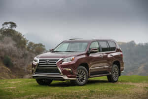 栗色Lexus GX SUV停泊在草坡上，背景有山脈。 — MacBook Pro M3 壁紙