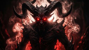 一個帶有發光紅眼和大角的惡魔生物，被火和煙霧包圍。