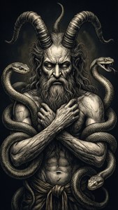 一個有角的惡魔形象，與多條蛇纏繞在一起，以深色黑白插圖呈現。