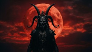 一個長著角和盔甲的惡魔形象，站在血紅色的月亮前。