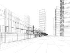 現代城市建築和街道的黑白線框視圖。