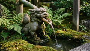 石獅子雕像在日本花園中向長滿青苔的池塘噴水。