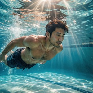 一個男人在泳池中潛泳，陽光穿過水面過濾下來。