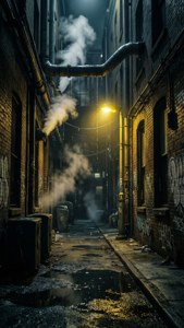 夜晚黑暗的城市小巷，管道冒出蒸汽，磚牆上有塗鴉。
