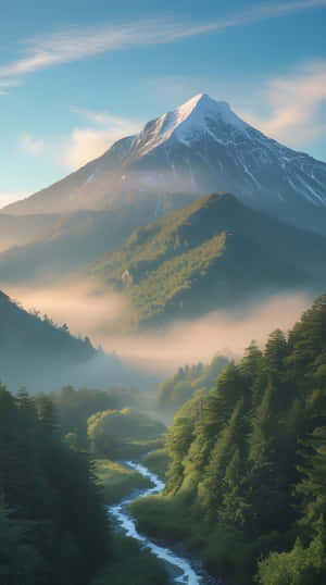 積雪山峰、霧氣森林、蜿蜒河流的山谷