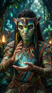 納美女性在叢林中手持發光能量