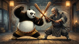 熊貓與老師傅在傳統道場中碰撞木棍，伴隨著溫暖的燈籠。