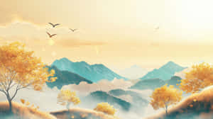 山丘上的金色樹木，霧氣山脈，飛鳥，溫暖天空